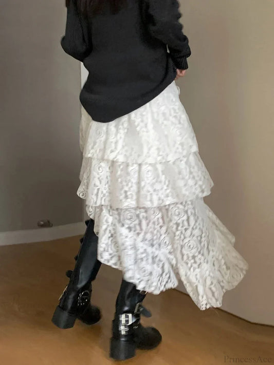 Fairycore Lace Tiered High Waist Asymmetric Ruffled Midi Skirt WHITE / One Size skirt-250126