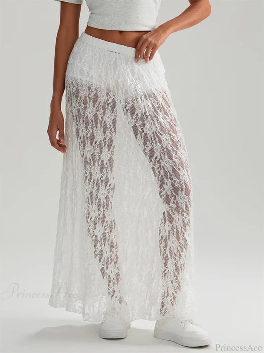 Fall Long Maxi Skirt Elastic Waist Lace Floral Casual Skirt WHITE / S skirt-250126