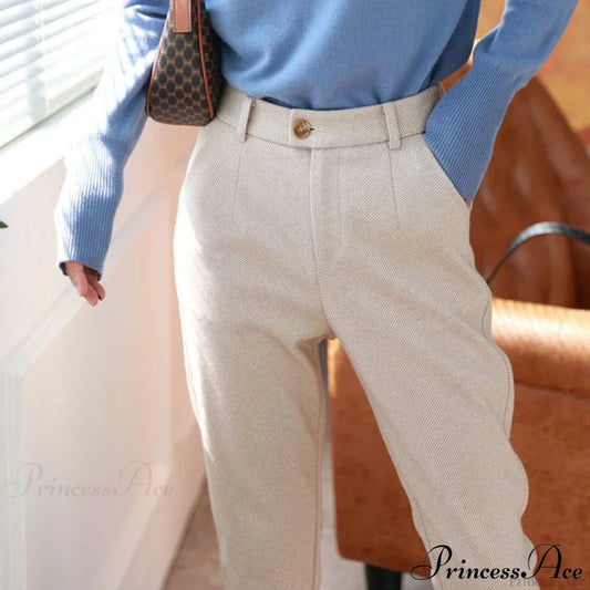 Fashion Office Wear High Waist Harem Pencil Trousers Autumn Winter Pants Apricot White / S