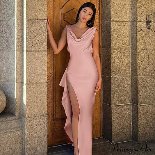 Fashion Open Back Ruffle Slit Backless Maxi Dress Pink / S