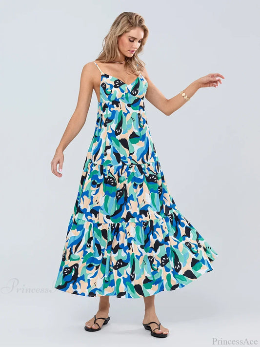 Fashion Print Spaghetti Strap Backless Sweetheart Flowy Cami Floral Dress floraldress-250126