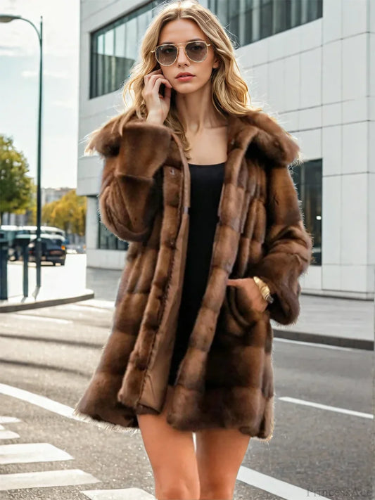 Faux Fur Hooded Button Loose Overcoat Brown / S