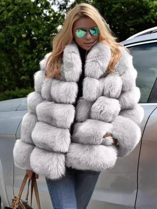 Faux Fur Patchwork Rabbit Fur Overcoat White / S