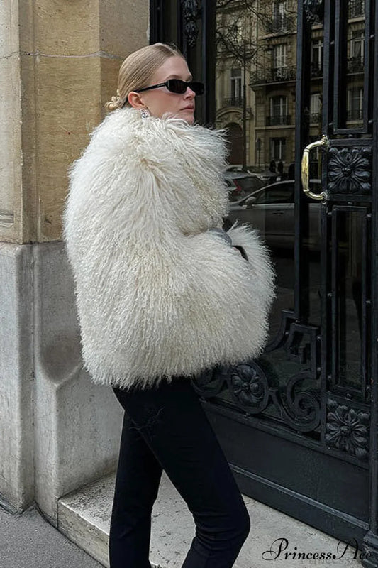 Faux Fur Shearling Short Cardigan Jacket Coat White / XS