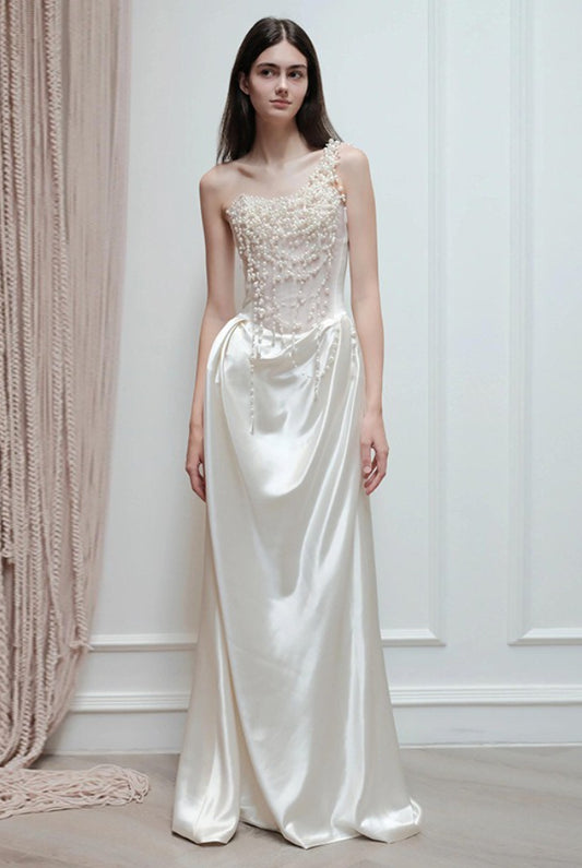 Strapless Satin Heavy Pearl Prom Dress