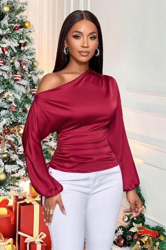 Satin Asymmetric Collar Ruched Waist Long Sleeve Tee