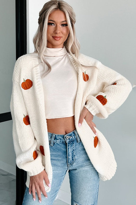 Pumpkin Embroidered Open Front Knit Cardigan