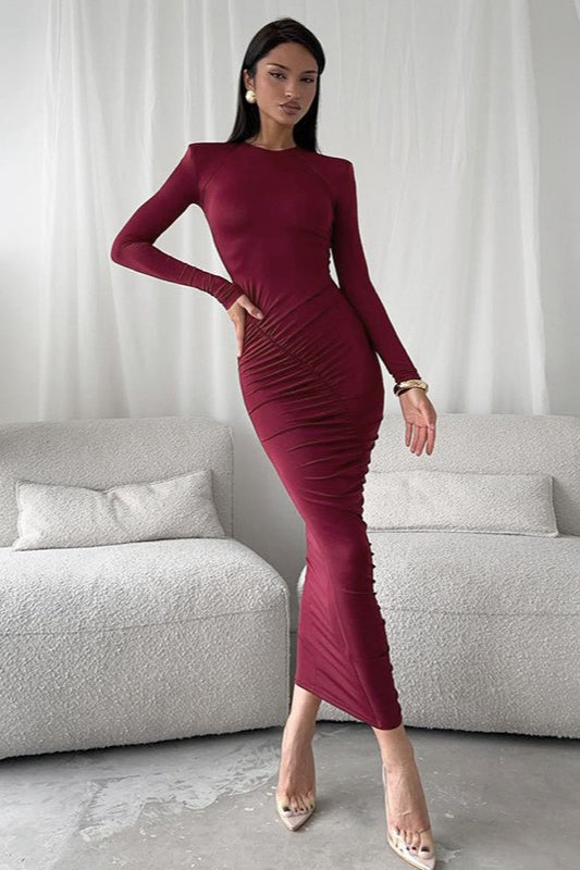 Round Neck Ruched Long Sleeve Maxi Dress