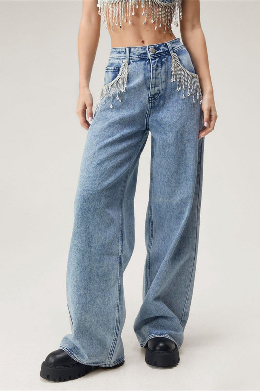 Jean en denim avec détails de chaîne à franges