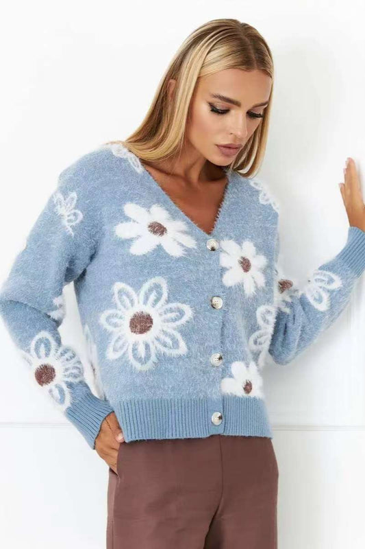 Cardigan à manches longues en tricot à col en V et fleurs