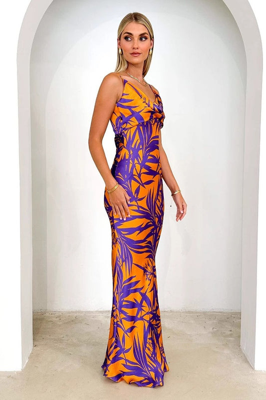 Robe longue sexy à imprimé floral violet et col en V