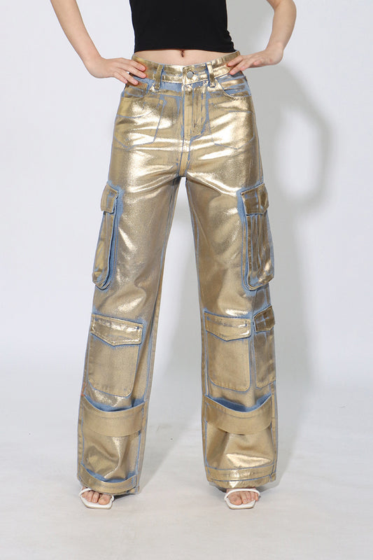 Jean cargo droit métallisé style urbain