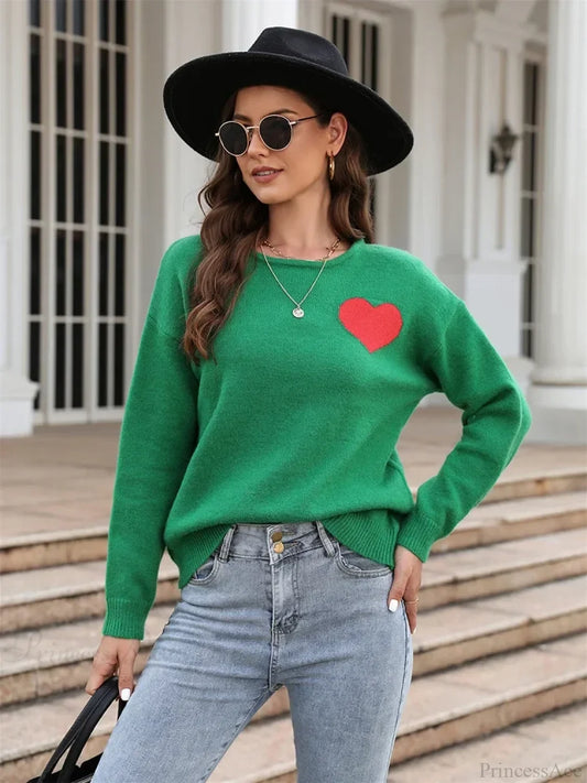 Fitshinling Heart Basic Autumn Winter Long Sleeve Cozy Green Christmas Sweater / S Sweaters-L