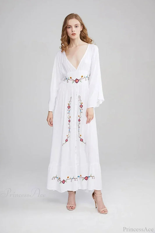Flare Long Sleeve Deep V-neck Cotton Dress WHITE / S bohodress-250126