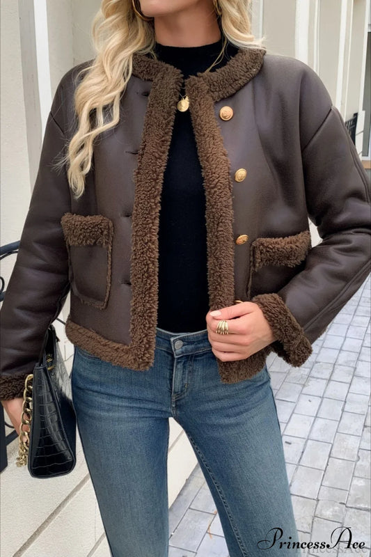 Fleece Collar Warm Fashion Casual Coat Brown / S