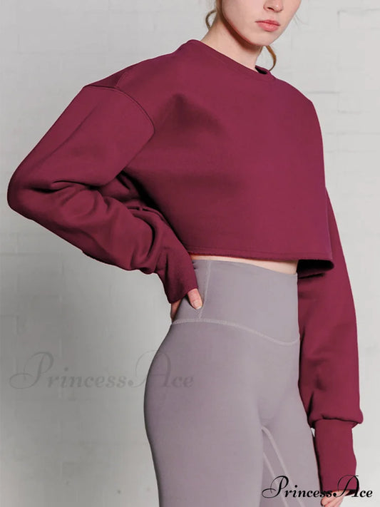 Fleece Lined Graceful Solid Cropped Sweatshirt Burgundy / S Sweatshirts