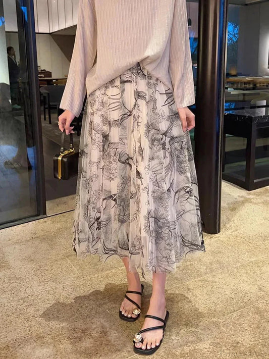 Flocking Flower Bird Tulle Gauze Elastic Waist Midi Skirt white / Free size skirt-250126