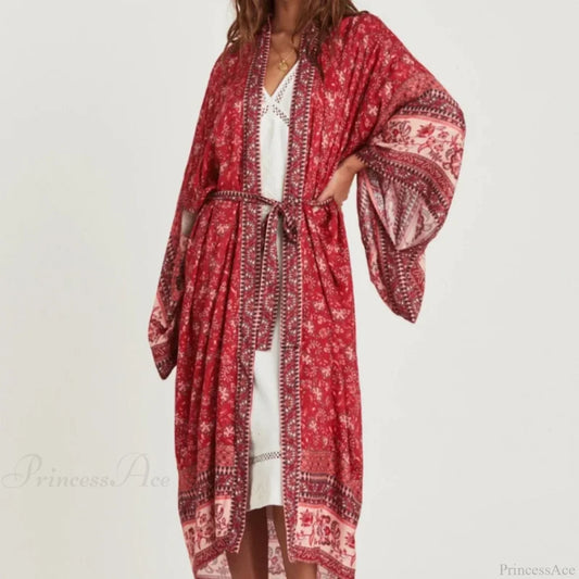Floral Bat Sleeve Boho Kimono Dress Red / S bohodress-250126