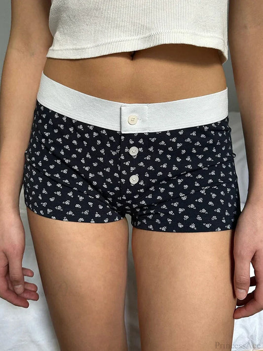 Floral Button Elastic Waist Short Black / S short-250223