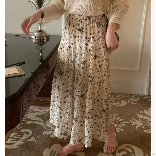 Floral Ditsy Print Elastic Waist Tiered Long Flared Skirt Beige / One Size skirt-250126