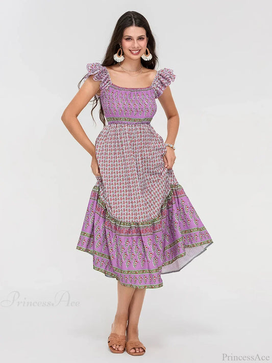 Floral Dot Print Shirred Square Neck Ruffled Flowing Beach Floral Dress PURPLE / S floraldress-250126