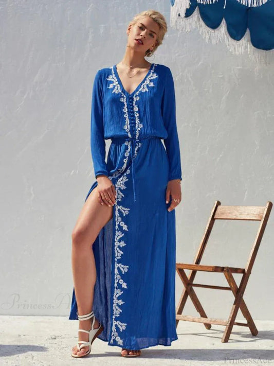 Floral Embroidery Stretch Waist Holiday Maxi Boho Dress Blue / S bohodress-250126