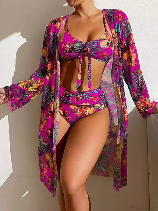 Floral Knot Front Long Sleeve Two Piece Set Purple / S