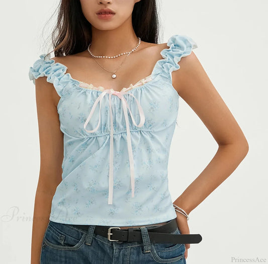 Floral Lace Patchwork Sleeveless Slim Fit Club Crop Vest Blue / S croptop-250126
