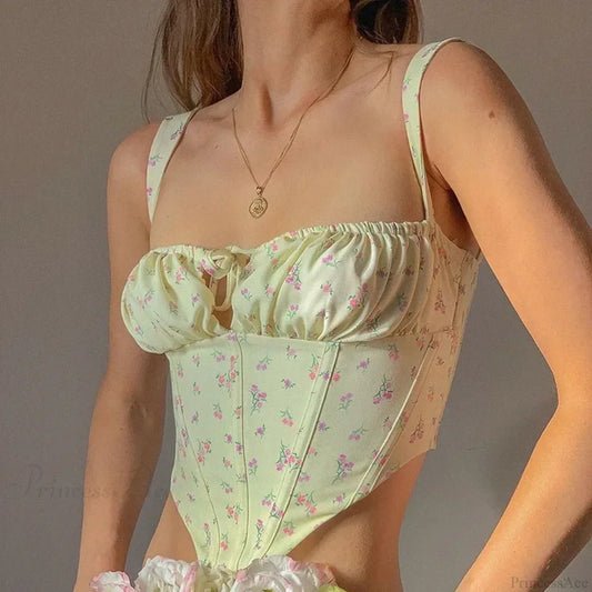 Floral Lace Ruched Tie Low Cut Slim Fit Backless Bustier Yellow / One Size croptop-250126