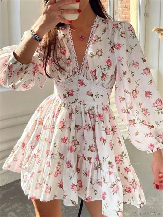 Floral Lantern-Sleeve Mini Dress WHITE / S minidress-250223