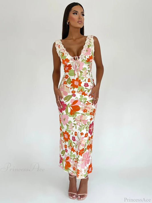 Floral Print Backless V-neck Bodycon Maxi Floral Dress floraldress-250126