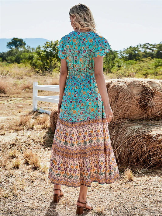 Floral Print Button V-neck Pleated Rayon Beach Maxi Boho Dress bohodress-250126