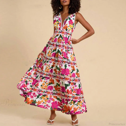 Floral Print High Waist Bohemian Beach Dress 01 Red / S bohodress-250126