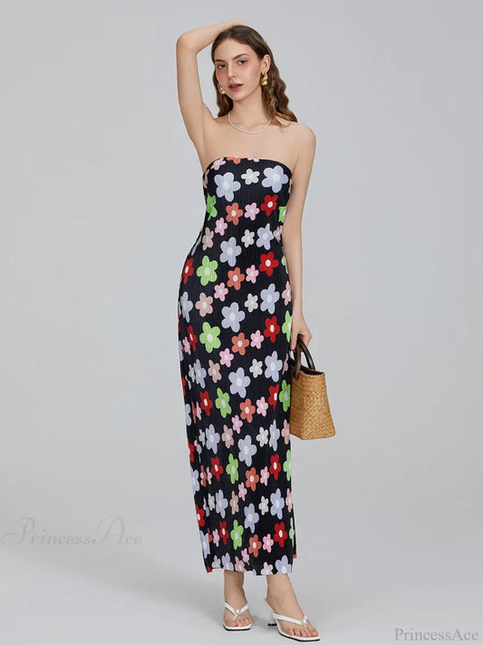 Floral Print Off-Shoulder Bandeau Pleated Tube Top Backless Party Dress BLACK1 / S floraldress-250126