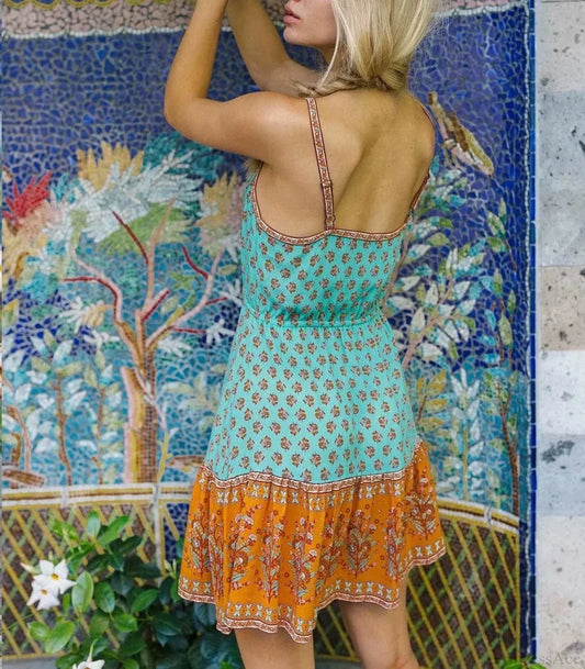 Floral Print Sleeveless Elastic Waist Strapless Rayon Boho Dress bohodress-250126