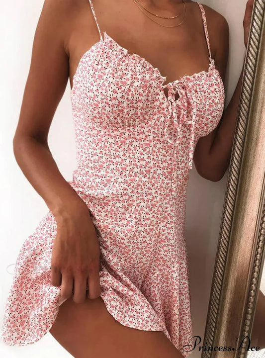 Floral Print Tie Front Mini Dress For Women S / Pink Dresses