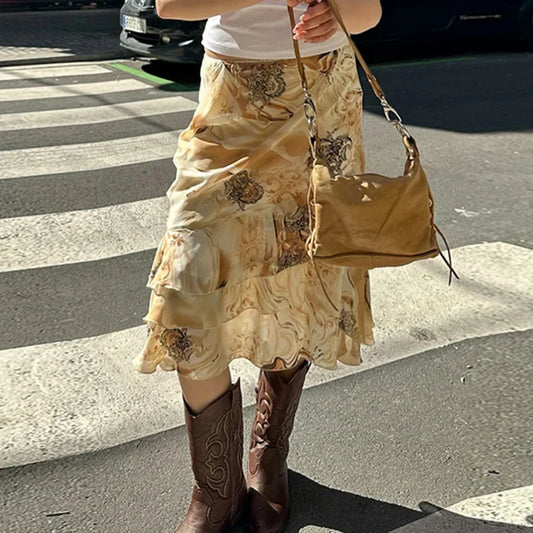 Floral Print Tiered A-Line Midi Skirt Gold / S skirt-250126