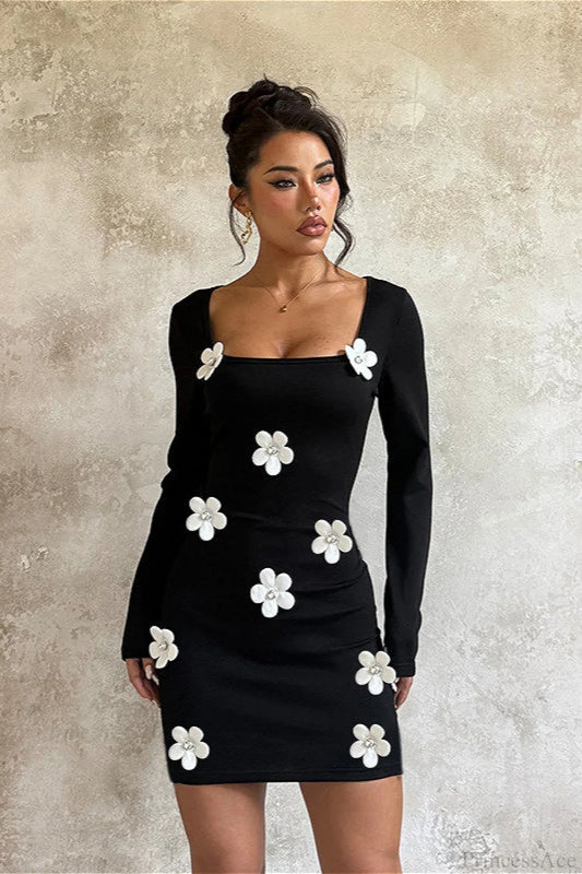 Floral Waist Slim Sexy Long Sleeve Bodycon Mini Dress