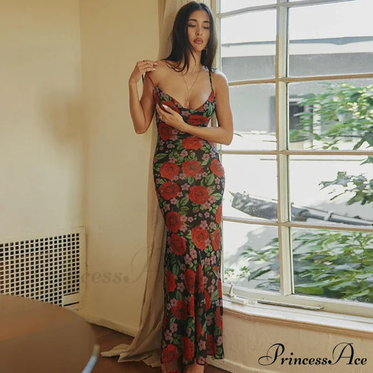 Flower Print Mesh Charming Slip Maxi Dress Red / S