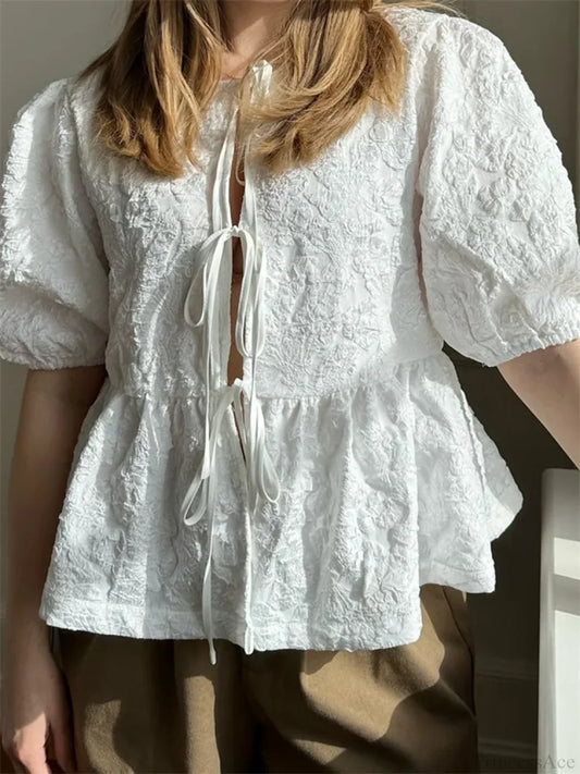 Flower Ruched Front Tie-Up Blouse white / S blouse-250223