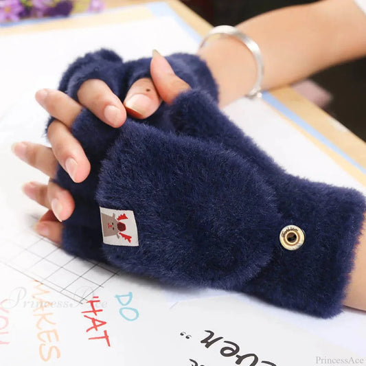 Fluffy Bear Cat Paw Claw Fingerless Winter Gloves - Korean Style Gift For Christmas B-Navy Blue