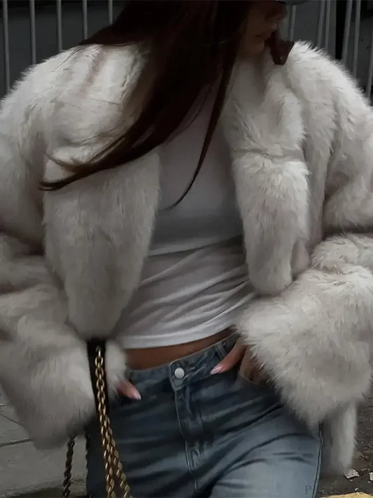 Fluffy Faux Fur Lapel Short Overcoat White / S