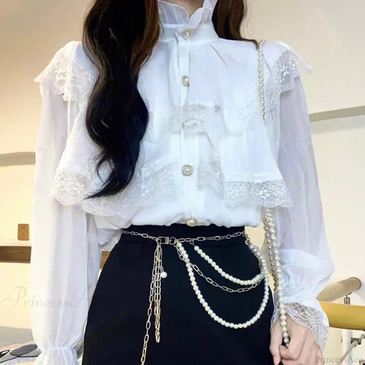 French Lace Lolita Elegant Long Sleeve Blouse white shirt / S(40-47.5KGS) blouse-250126
