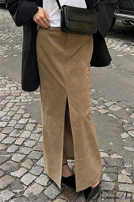 French Retro Suede High Waist Split Maxi Skirt Brown / S
