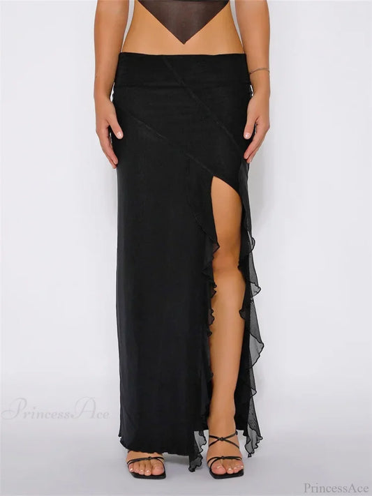 Frill Tulle Floral Low Waist High Split Bohemian Skirt Black / S skirt-250126