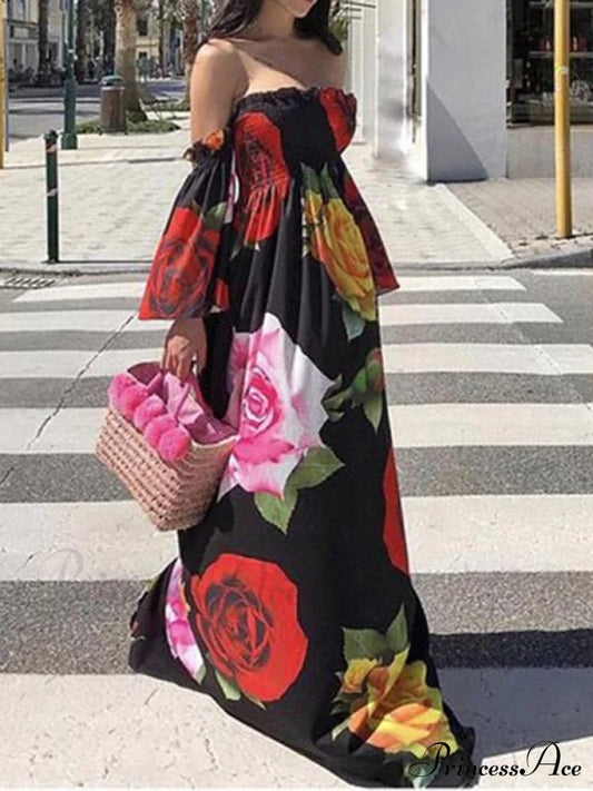 Full-Length Shoulder Flowered Warm-Season Off Dress S / Black Dresses