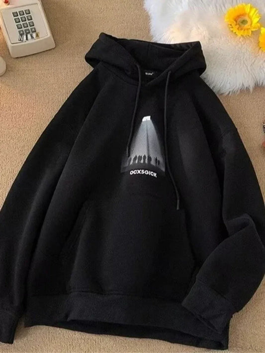 Funny Graphic Fleece Y2K Hoodie Black / M(40-45KG)