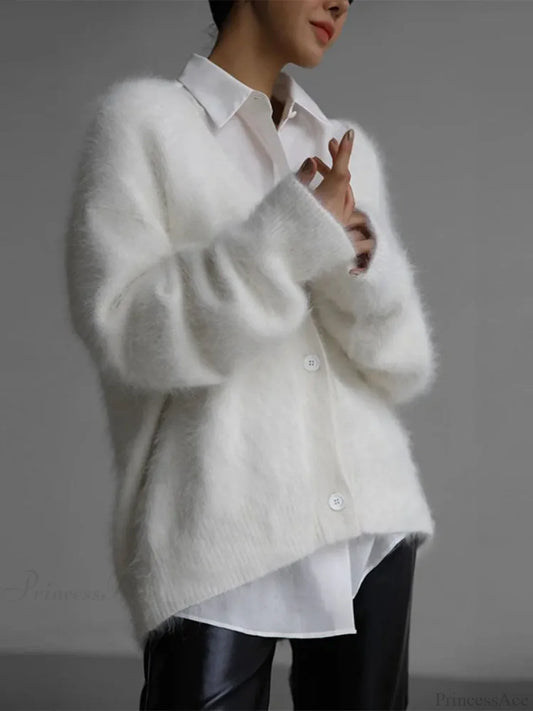 Furry Button Long Sleeve Cardigan White / S