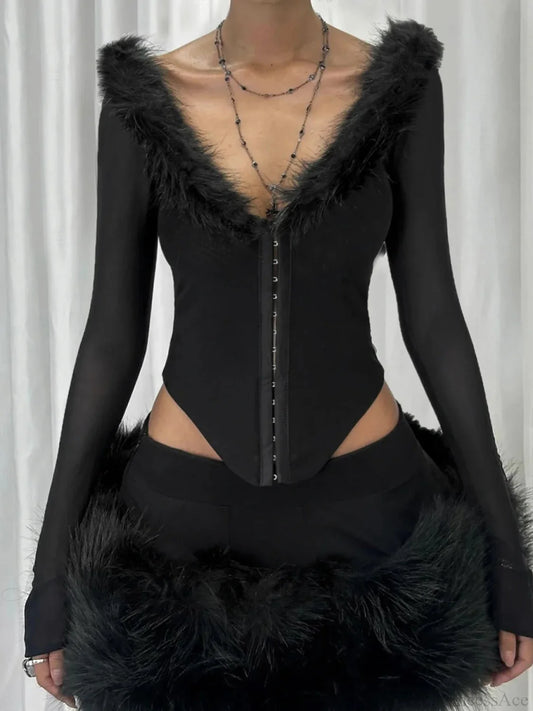 Furry Collar V-neck Knit Top Black / S