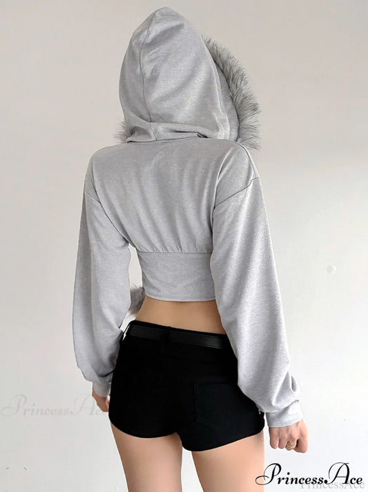 Fuzzy Collar Long Sleeve Cropped Waist-Tied Hoodie